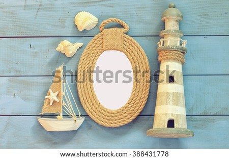 top view nautical concept with nautical life style objects. vintage filtered
