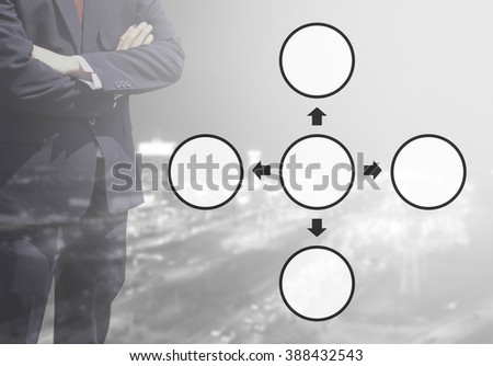 Blurred Business man with life or business Improvement cycle concept, core value cycle on blur or blurred night city view white and black tone background with corner light flare.four cycle concept.