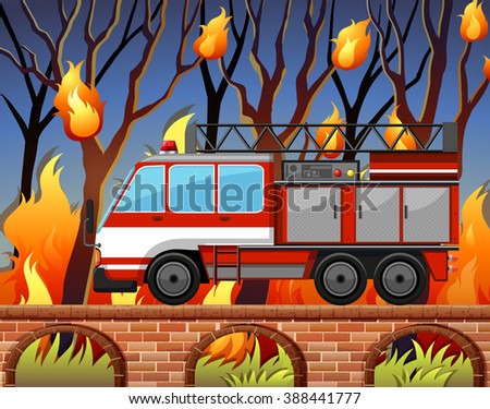 Fire truck and the wild fire at the forest  illustration