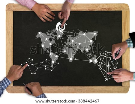 vintage blackboard with wooden frame  on white background. chalkboard with business man hand working and internet of things (IoT) word diagram as concept