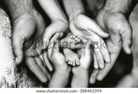 Hands of father, mother, daughter keep little feet baby. Friendly happy family, hands families together (black and white photo)