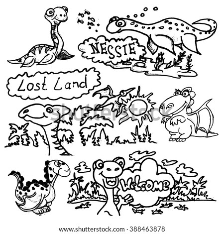 Set of funny cartoon dinosaurs hand-drawn doodle. Vector illustration. Royalty-Free Stock Photo #388463878