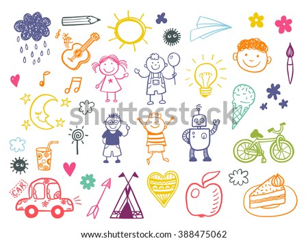 Happy kids doodle set, children drawings