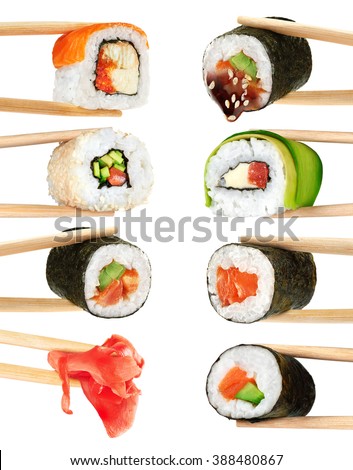 Sushi rolls isolated on white background. Collection. Chopsticks.