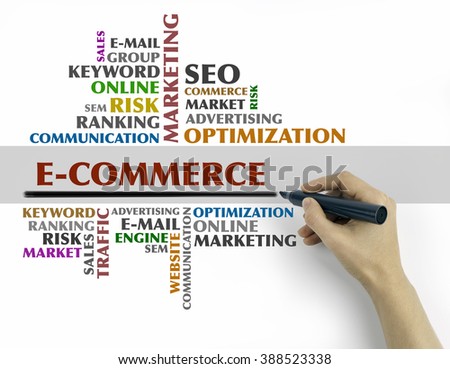 Hand with marker writing - E-Commerce word cloud, Business concept