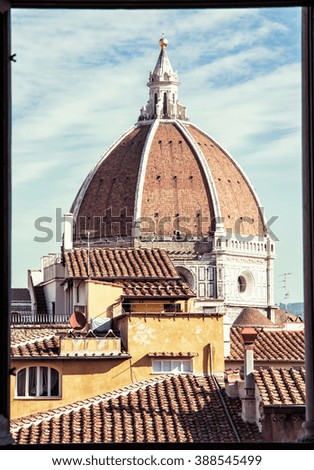 Cattedrale di Santa Maria del Fiore - Duomo behind the window, Florence, Tuscany, Italy. Retro photo filter.