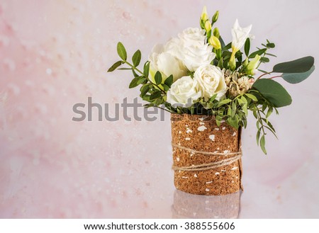 Postcard with fresh bouquet of flowers on isolated background