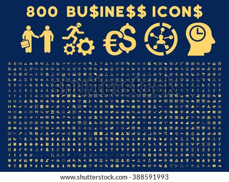 800 Business vector icons. Style is yellow flat symbols on a blue background.