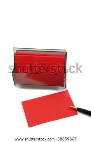 Red Business (blank) card on White with pen. Empty card for adding text.