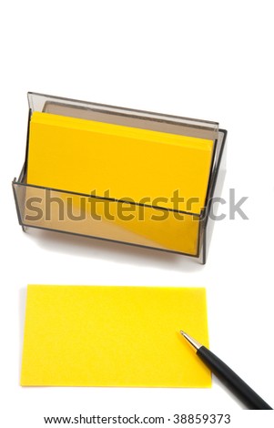 Yellow Business (blank) card on White with pen. Empty card for adding text.
