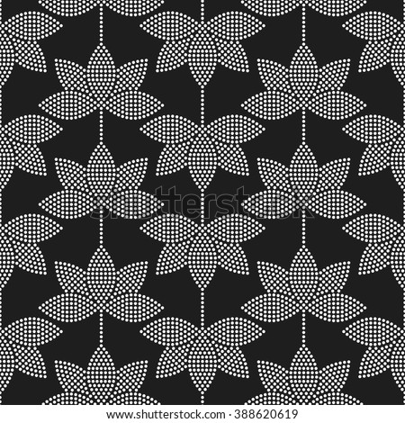 Seamless tiled black and white mosaic background of lotus flower in garlands. Dotted pattern. Vector Illustration. Royalty-Free Stock Photo #388620619