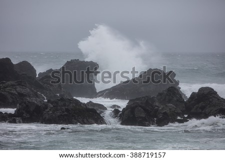 Powerful waves crash on the rocky northern California coastline during a storm. The rugged scenery of this region has been shaped by weather over millions of years.