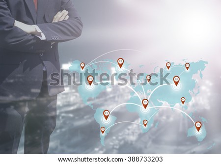 Blurred Business man success or teach working on marketing online or e learning with global mail learning link on world map sky color tone on over blur or blurred night city with light background. 