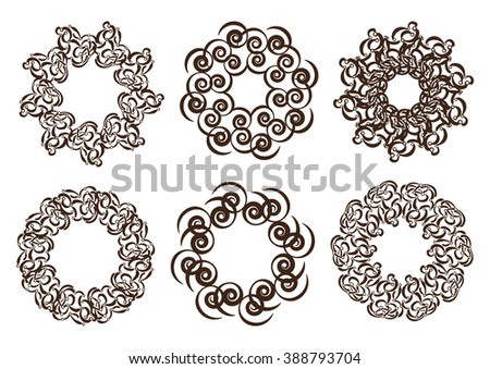 Spiral tribal tattoo set. Circular ornament design element. Vector Henna Mandala. Plate design.