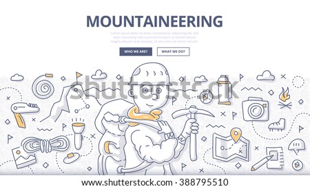 Doodle vector illustration of mountain exploration, climbing adventure, trekking and outdoor recreation. Concept of mountaineering for web banners, hero images, printed materials