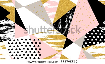 Abstract hand drawn geometric seamless pattern  or background with glitter, sharpen textures, brush painted elements. Poster, card, textile, wallpaper template. Gold, pink, black and white colors. 