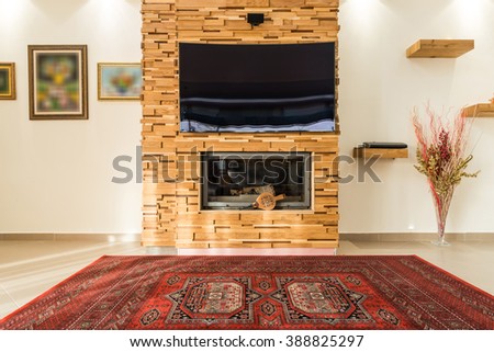 Modern design of fireplace in luxury home interior