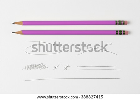 Pencil and scribbles and lines and Doodles Isolated on White Background with Real Shadow and Text Space. Top View