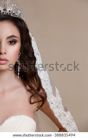 Beautiful Bride portrait wedding makeup and hairstyle with diamond crown, fashion bride model jewelry and beauty girl face, gorgeous beauty bride,bride in luxury wedding dress, isolated studio series