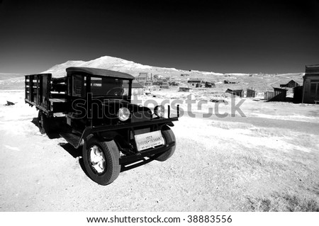 ir effect photo bodie national state park, California. old wild west ghost town in black and white with old truck. western american mining town. 