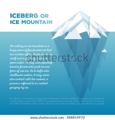 White tip ice mountain vector illustration. Iceberg in minimal style design. Vector template for infographics. Blue clean water. Isolated ice. 