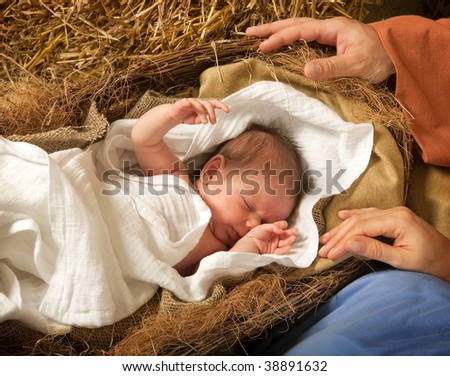 20 days old baby sleeping in a christmas nativity crib Royalty-Free Stock Photo #38891632
