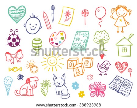 Funny children drawing vector doodle set. Royalty-Free Stock Photo #388923988