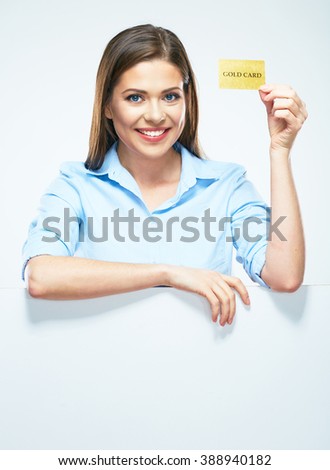 Woman holding gold  credit card. White blank sign board. Business woman smile