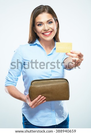 Happy woman credit card. woman's wallet. Smiling female model. White background isolated.