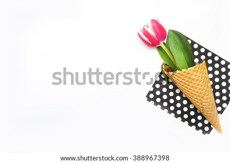 Woman modern desktop. Flat lay. View table.8 march. Golden handbag. Mock-up background. Ice Cream Bouquet . Minimalism Style. Female style