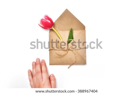 Flower in envelope on the white background. Tulip in craft envelope. Mail for you.
Spring background. Gift fot her. Flat lay. View table. Minimalism Style.  Female style. Flat lay.