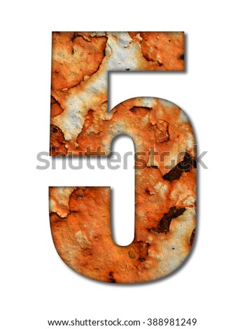 Number and English alphabet from old rusty metal on white background