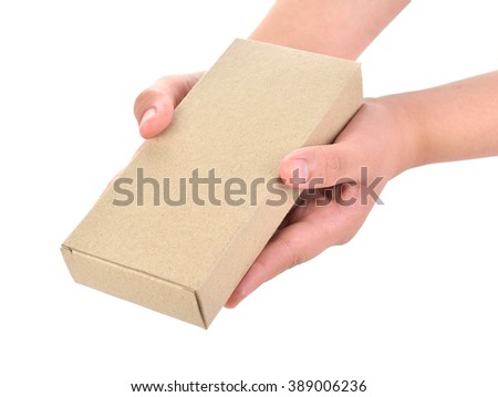 hand holding cardboard box isolated on a White background