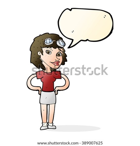 cartoon retro pilot woman with speech bubble