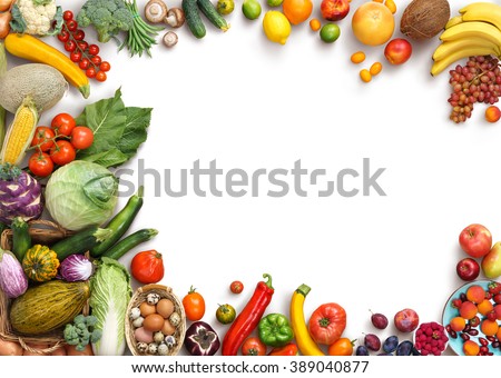 Organic food background. Food photography different fruits and vegetables isolated white background. Copy space. High resolution product