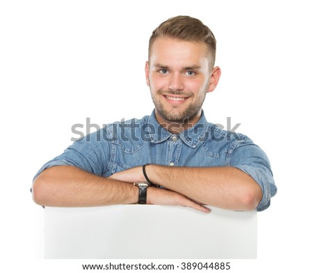 A portrait of a handsome young man displaying a banner ad isolated on white background