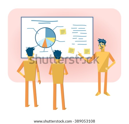 Illustration of a paper man explaining diagram, presentation. Teach, show, learn, lesson, meeting. Simple vector illustration