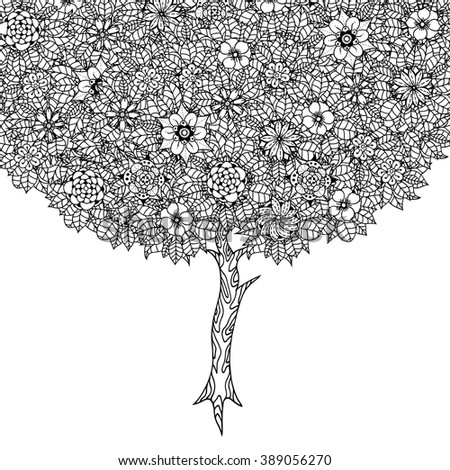 Tree with leaves and flowers. Vector. Coloring book page for adults. Hand drawn. Bohemia concept for wedding invitation, card, ticket, branding, logo, label. Black and white