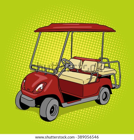 Golf cart pop art style vector illustration. Hand drawn doodle.  Comic book style imitation. Vintage retro style. Conceptual illustration