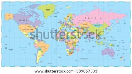 Colored World Map - borders, countries and cities - illustration

Image contains next layers:
- land contours
- country and land names
- city names
- water object names 