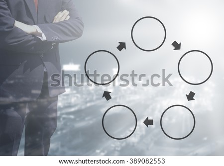 Blurred Business man with life or business Improvement cycle concept, core value cycle on blur or blurred night city view blue tone background with corner light flare.five cycle concept.
