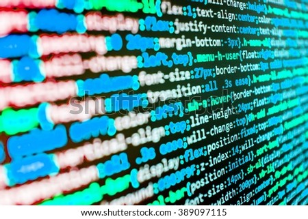 Software development. Website development. Website programming code. Computer program.   Website codes on computer monitor. (Code is my own property there is no risk of copyright violations)