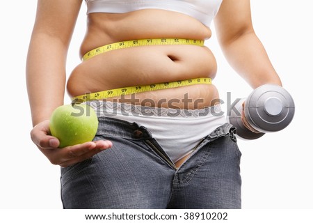fat woman with unzip jeans holding apple and weight on each hand, id a concept to fight against obesity