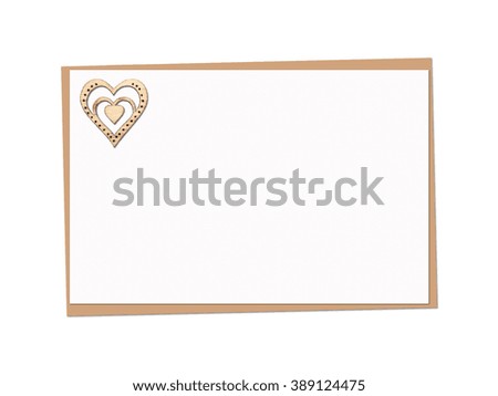 Holiday card with wooden heart, with a burned pattern, isolated on white