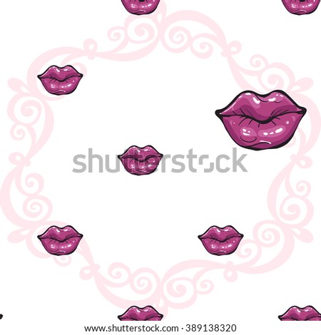 Vector fashion sketch. Hand drawn graphic glossy and shine paint lips, pink mouth, rouge lips, red lips, lipstick Glamour fashion seamless pattern in vogue style. Isolated elements on white background