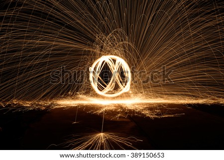 Spiral steel wool fire ,Art of spinning steel wool ,Absrtact light ,Look like spider of monkey face