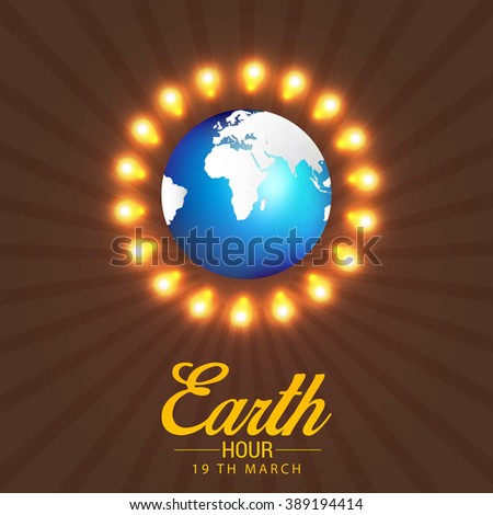 Vector illustration of Earth Hour on green background with shiny globe holding hand.