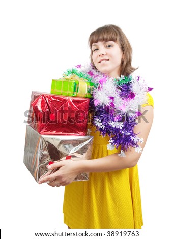 beauty girl with christmas gifts over white