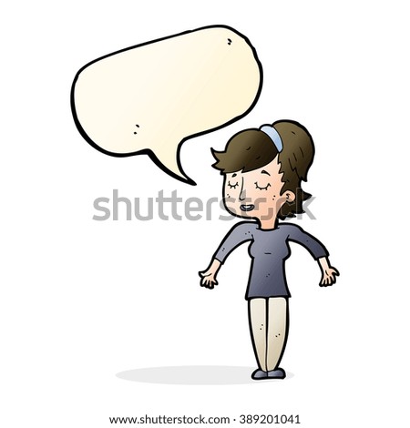 cartoon friendly woman shrugging shoulders with speech bubble