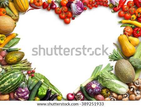 Heart shaped food. Food photography of heart made from different fruits and vegetables isolated white background. Copy space. High resolution product